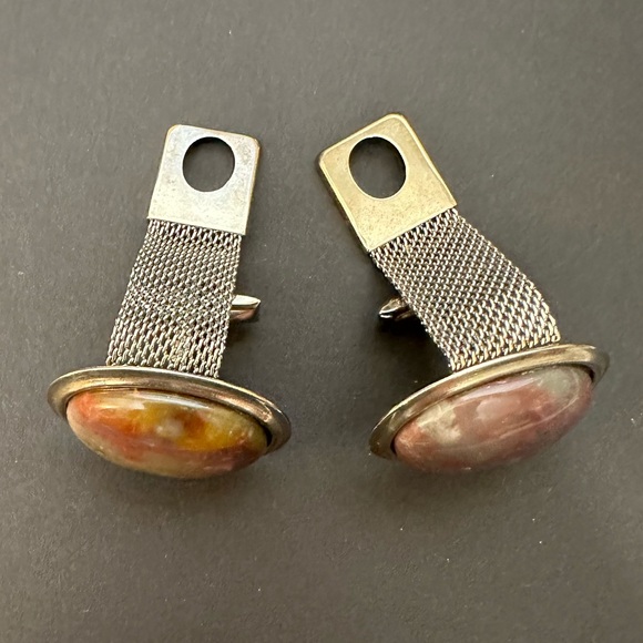 Vintage 1950s Handmade Agate Cuff Links Set Pair Silver Mesh Brown Stone Classic - Picture 6 of 8